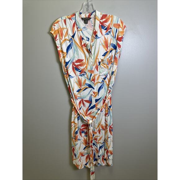 Tommy Bahama Midi Dress M Sleeveless Tie Waist White Floral Tropical Hawaii - Picture 1 of 9